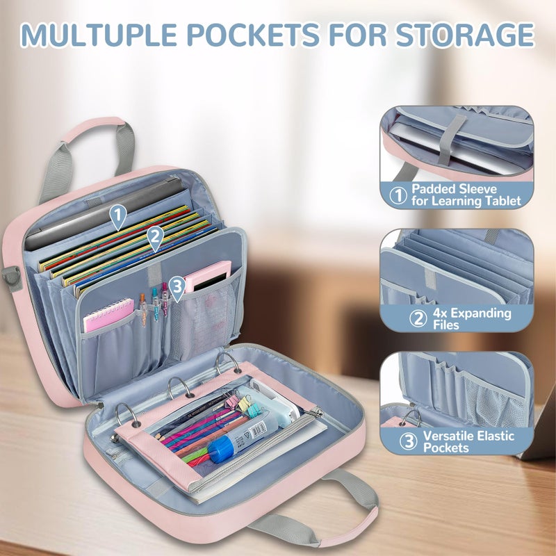 Yarwo 3 Ring Zipper Binder with Binder Pouch, Expanding File Organizer with Padded Sleeve Fit for 14 Inch Laptop, Portable Document Organizer Bag for Home, College, Office Supplies, Pink - Image 2