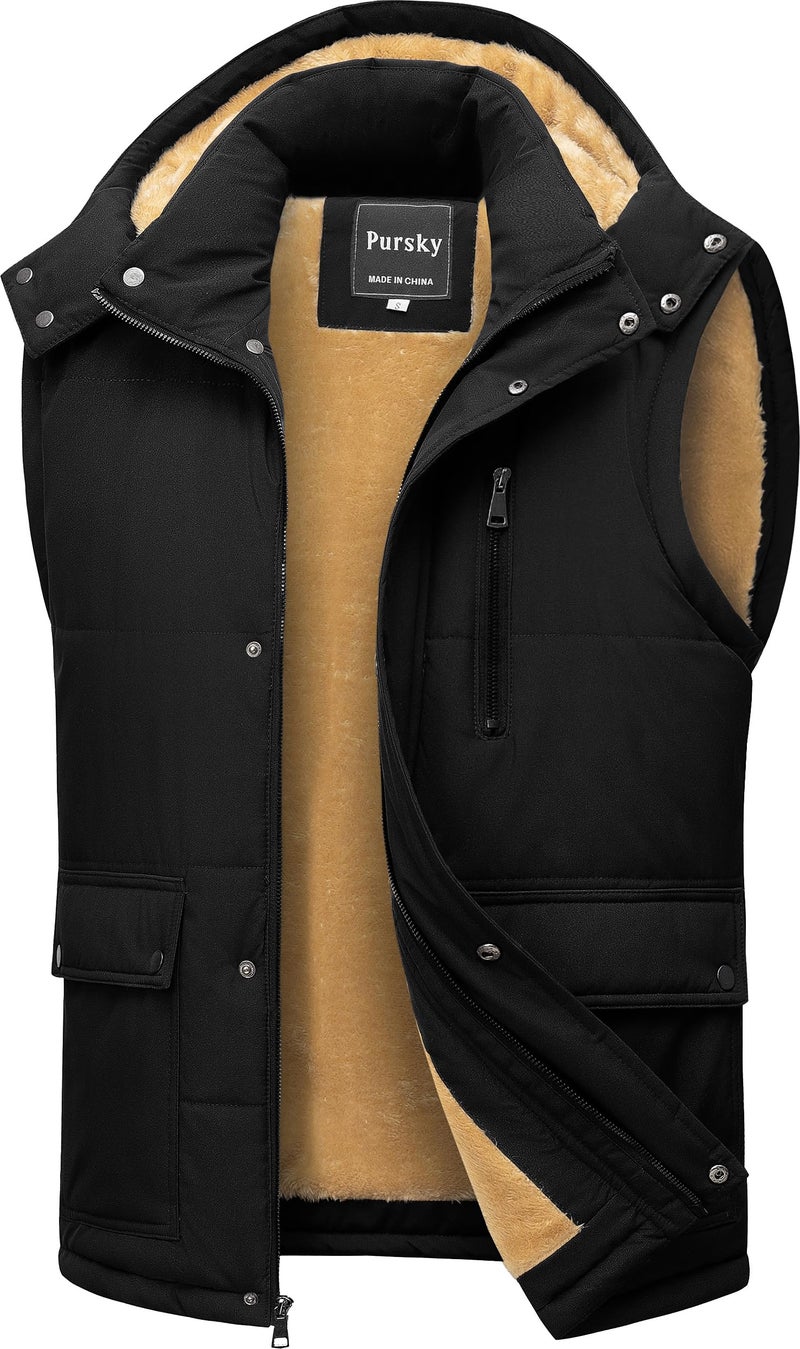 Pursky Mens Puffer Vest Men Waterproof Quilted Vests Outerwear Men's Winter Fleece Lined Outdoor Warm Sleeveless Jackets Black L - Image 1