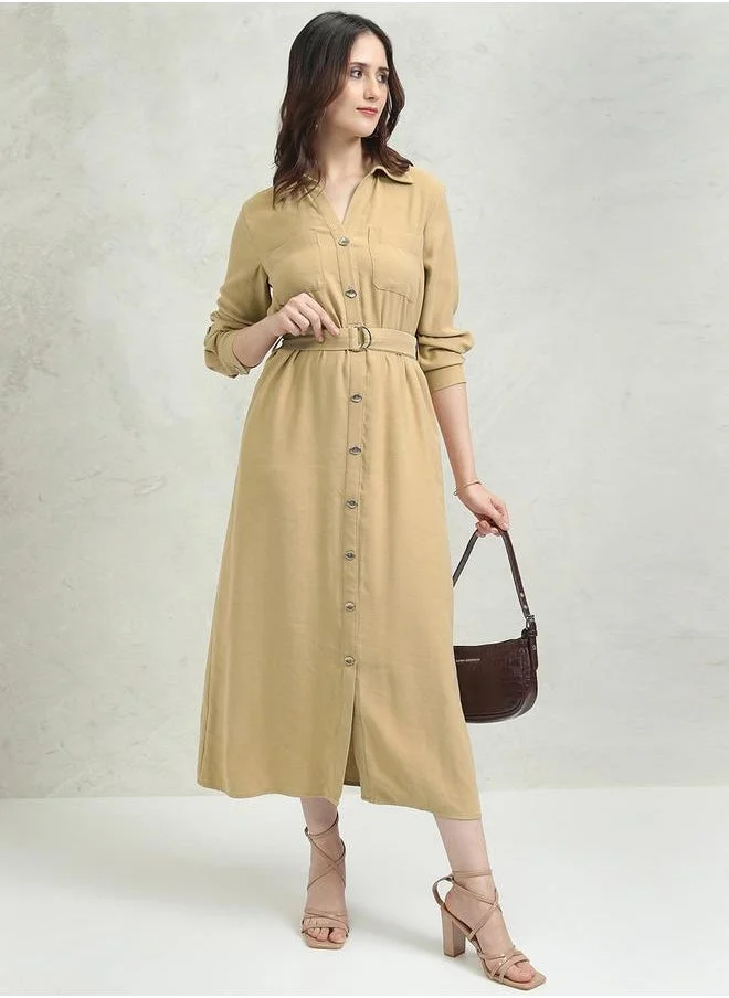 Tokyo Talkies Solid Pocket Detail Shirt Collar A-Line Midi Dress by Styli