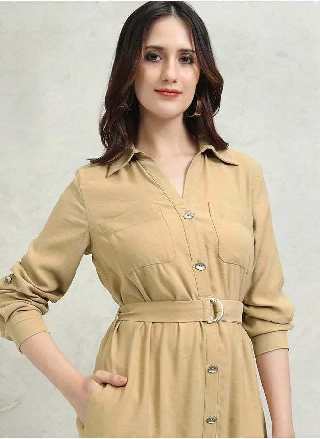 Tokyo Talkies Solid Pocket Detail Shirt Collar A-Line Midi Dress by Styli