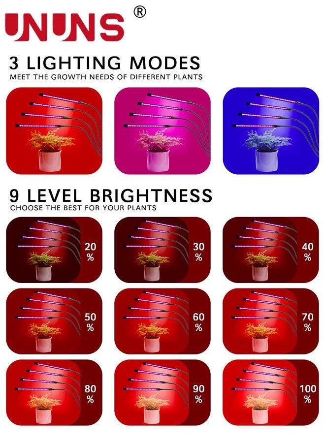 UNUNS - LED Grow Light,4 Heads Clip On Plant Grow Light With 3-Color Mixed,3 Modes Timing Function Grow Light For Seedlings,3/9/12H Timer,For Indoor Plants - Image 1