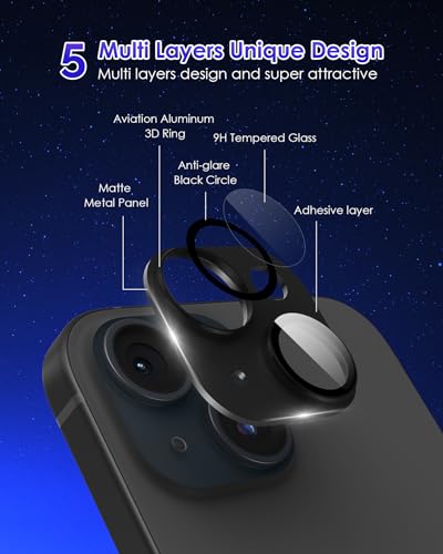 Kanosan Compatible for iPhone 15 Plus/iPhone 15 Camera Lens Protector Metal Plus Aluminium Alloy Ring 9H Tempered Glass Screen Camera Cover Black - Image 4