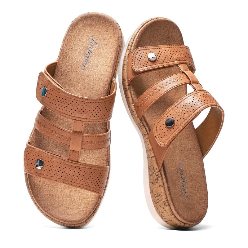 Littleplum Womens Slides Sandals with Arch Support Adjustable Open Toe Slides Soft Cushion Slippers Comfort Walking Summer Shoes Brown Size 8 - Image 1