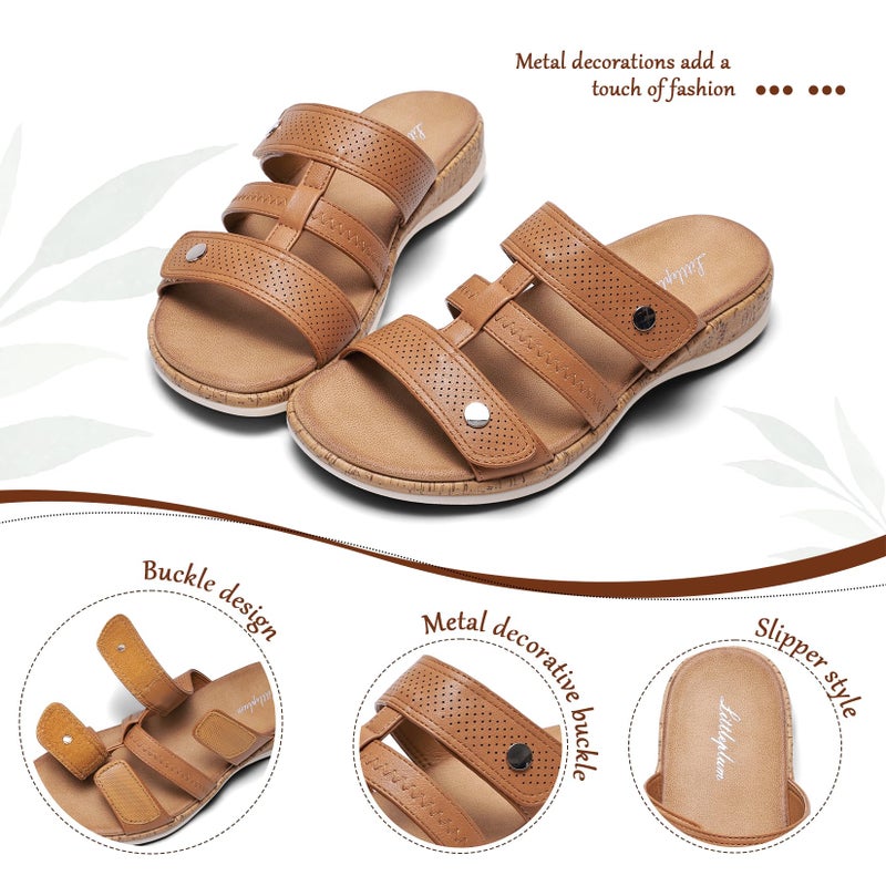 Littleplum Womens Slides Sandals with Arch Support Adjustable Open Toe Slides Soft Cushion Slippers Comfort Walking Summer Shoes Brown Size 8 - Image 3