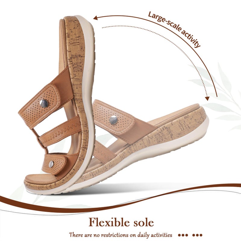 Littleplum Womens Slides Sandals with Arch Support Adjustable Open Toe Slides Soft Cushion Slippers Comfort Walking Summer Shoes Brown Size 8 - Image 5