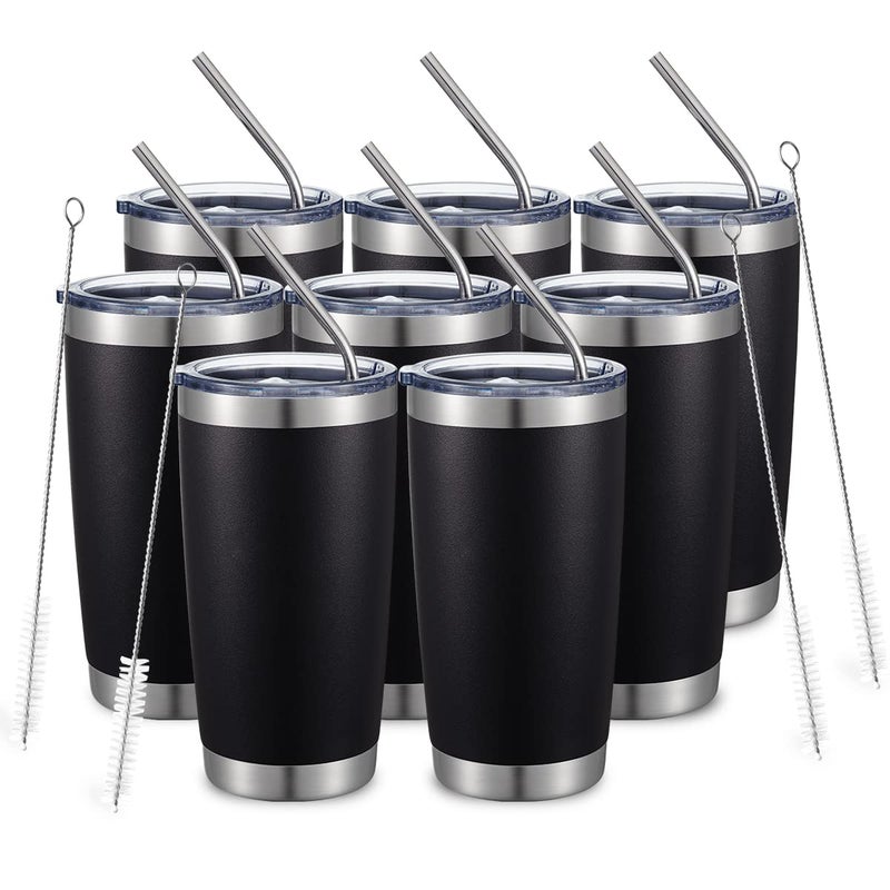 COMOOO 20oz8Pack Black Tumbler Double Wall Vacuum Insulated Coffee Travel Mug Stainless Steel Tumbler with Lid and Straw Coffee Cup for Cold Drinks Hot Beverage Home and Outdoor Black 8 Pack