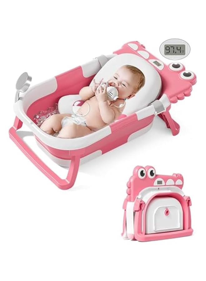 HOOKOR Collapsible Baby Bathtub for Infants to Toddler with Real-time Temp Monitor&Floating Cushion,Foldable Baby Bath Tub Set Applicable 0-36 Month,Perfect Baby Tub for Newborns Baby (Pink) - Image 1