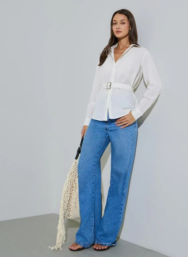 ستايلي Off White Solid Long Sleeves Oversized Shirt with Fabric Belt