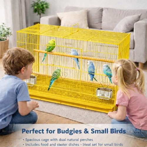 Rizopets Bird Cage, Crate for Rabbit, Parrots and Small Pets with Sliding Tray, 2 Feeding Cup & 2 Perch with Secure Lock (1.5 Feet, Yellow), Metal - Image 4