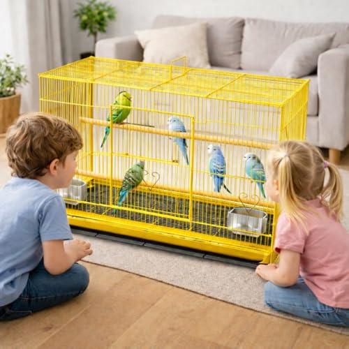 Rizopets Bird Cage, Crate for Rabbit, Parrots and Small Pets with Sliding Tray, 2 Feeding Cup & 2 Perch with Secure Lock (1.5 Feet, Yellow), Metal - Image 2