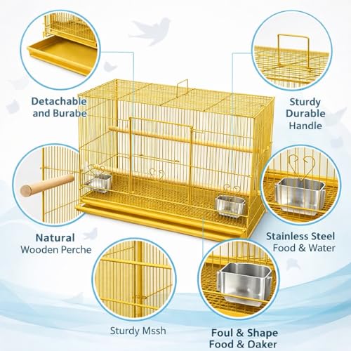 Rizopets Bird Cage, Crate for Rabbit, Parrots and Small Pets with Sliding Tray, 2 Feeding Cup & 2 Perch with Secure Lock (1.5 Feet, Yellow), Metal - Image 5
