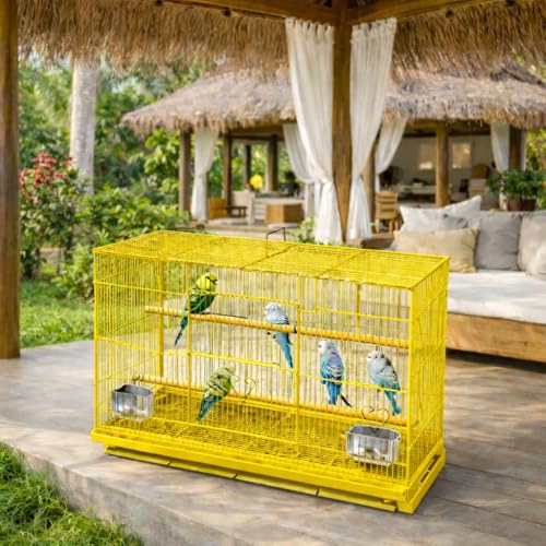 Rizopets Bird Cage, Crate for Rabbit, Parrots and Small Pets with Sliding Tray, 2 Feeding Cup & 2 Perch with Secure Lock (1.5 Feet, Yellow), Metal - Image 3
