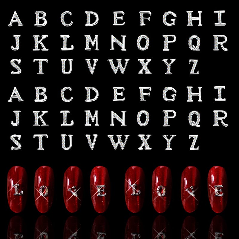 JERCLITY 52pcs 3D Metal Silver English Capital Letters Nail Charms Studs Alloy Rhinestone Nail Charms for Nails Silver Alphabet Stickers for Women Nail Art