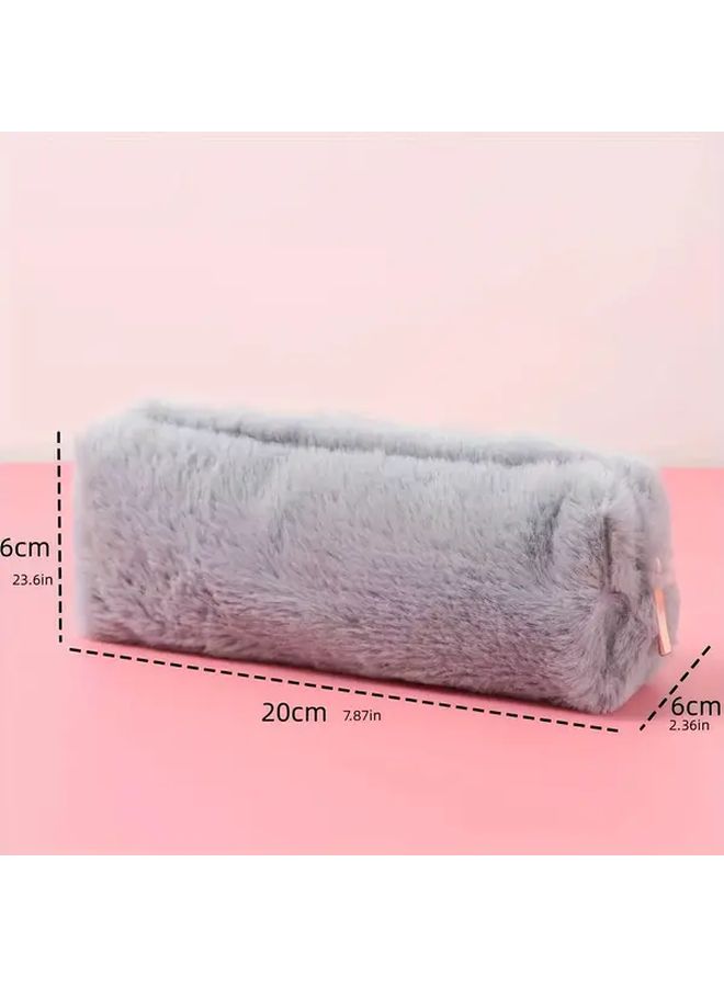 Large Capacity Plush Octagonal Pencil Case Khaki Color Japanese Style Stationery Bag - Image 4