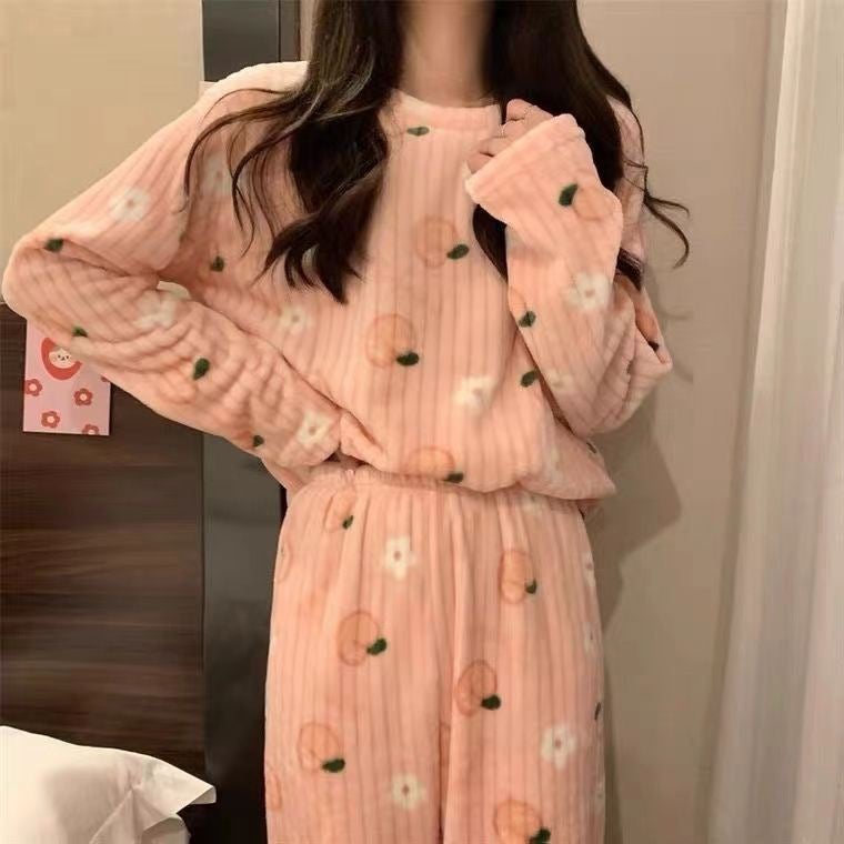 Cute Sweet Pajamas Women Can Wear Coral Fleece Warm Thickened Long Sleeve Home Clothes Suit - Image 2