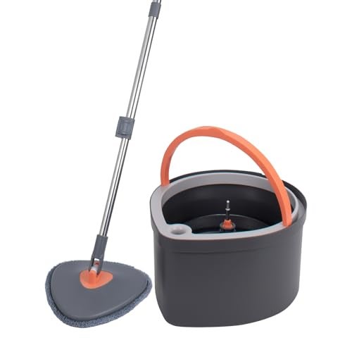 BonKaso 360° Spin Mop with Drop Bucket Deluxe System Set and Reusable Microfiber Pads for Wet & Dry Glass, Wall, Tile and Home Floor Cleaning - Grey and Orange - Image 1