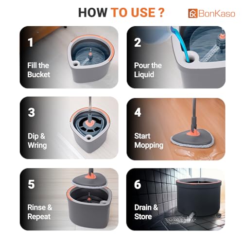 BonKaso 360° Spin Mop with Drop Bucket Deluxe System Set and Reusable Microfiber Pads for Wet & Dry Glass, Wall, Tile and Home Floor Cleaning - Grey and Orange - Image 2