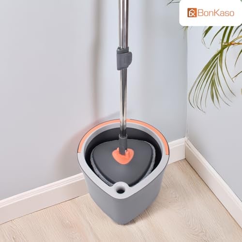 BonKaso 360° Spin Mop with Drop Bucket Deluxe System Set and Reusable Microfiber Pads for Wet & Dry Glass, Wall, Tile and Home Floor Cleaning - Grey and Orange - Image 3