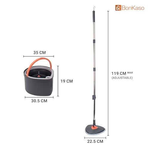 BonKaso 360° Spin Mop with Drop Bucket Deluxe System Set and Reusable Microfiber Pads for Wet & Dry Glass, Wall, Tile and Home Floor Cleaning - Grey and Orange - Image 4