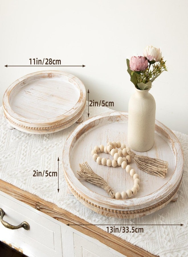 MACVAD 2 Piece Whitewashed Wooden Serving Tray Set with Beaded Design, Farmhouse Centerpiece Table Decorations, Round Coffee Table Tray for Living Room Home Decor, Ottoman Tray Decor for Rustic Styles - Image 4