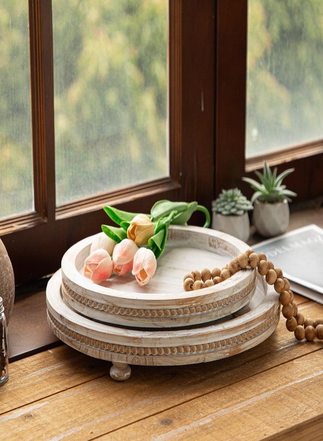 MACVAD 2 Piece Whitewashed Wooden Serving Tray Set with Beaded Design, Farmhouse Centerpiece Table Decorations, Round Coffee Table Tray for Living Room Home Decor, Ottoman Tray Decor for Rustic Styles - Image 3