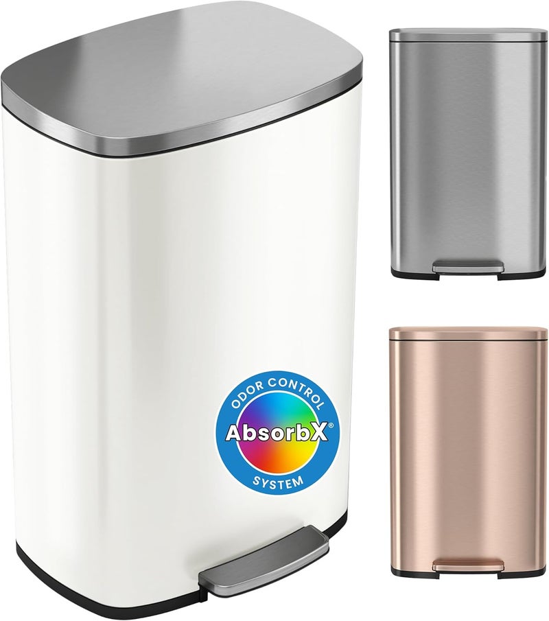 iTouchless SoftStep 50 Liter / 13.2 Gallon White Stainless Steel Step Kitchen Trash Can, Soft-Close Lid, AbsorbX Odor Filter & Removable Inner Bucket, Slim Rectangular Pedal Recycling Bin, Home Office - Image 1