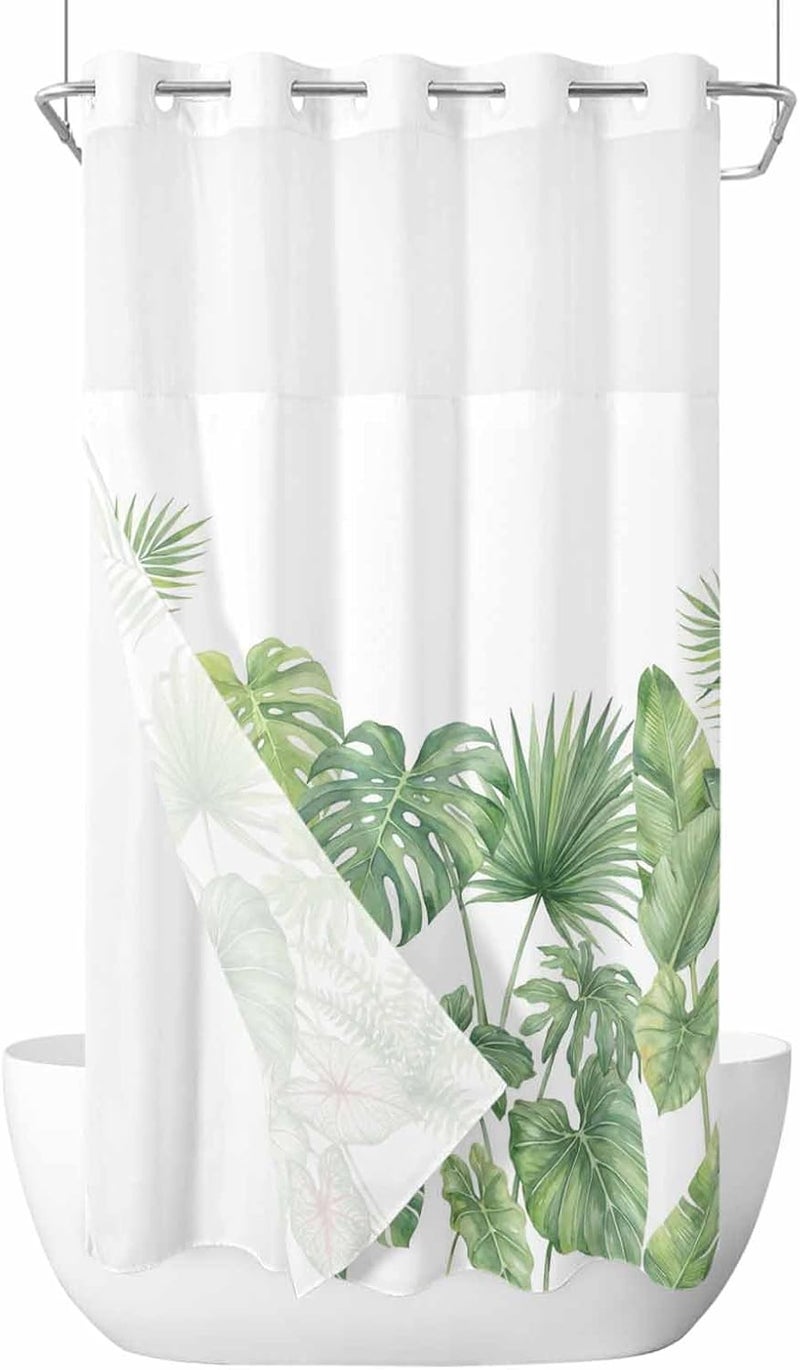 No Hook Shower Curtain and Liner Set, Tropical Plant Snap in Shower Curtain Set, Summer Watercolor Green Palm Leaves Waterproof Fabric Bathroom Curtain with See Through Top Window 54"x78" - Image 1