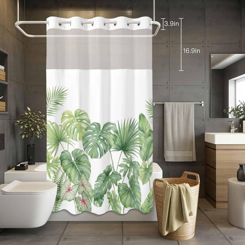 No Hook Shower Curtain and Liner Set, Tropical Plant Snap in Shower Curtain Set, Summer Watercolor Green Palm Leaves Waterproof Fabric Bathroom Curtain with See Through Top Window 54"x78" - Image 4