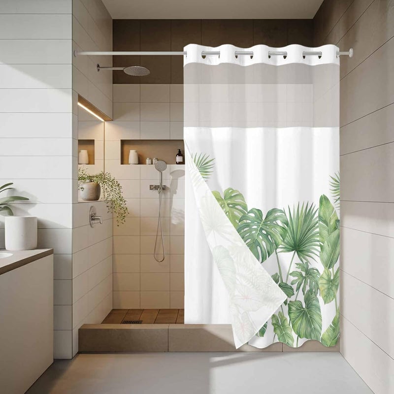 No Hook Shower Curtain and Liner Set, Tropical Plant Snap in Shower Curtain Set, Summer Watercolor Green Palm Leaves Waterproof Fabric Bathroom Curtain with See Through Top Window 54"x78" - Image 3