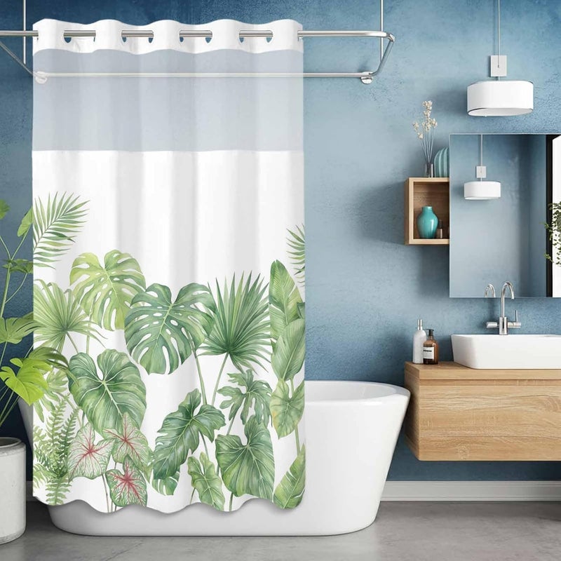 No Hook Shower Curtain and Liner Set, Tropical Plant Snap in Shower Curtain Set, Summer Watercolor Green Palm Leaves Waterproof Fabric Bathroom Curtain with See Through Top Window 54"x78" - Image 5