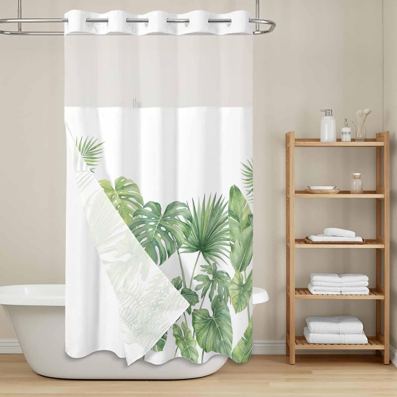 No Hook Shower Curtain and Liner Set, Tropical Plant Snap in Shower Curtain Set, Summer Watercolor Green Palm Leaves Waterproof Fabric Bathroom Curtain with See Through Top Window 54"x78" - Image 2