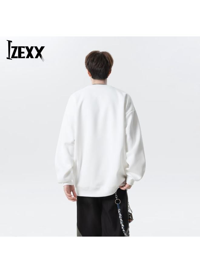 Izexx Casual Men's Heavyweight Crewneck Pullover Spring Loose Long Sleeve T-shirt Hw61 White 3XL - Image 4