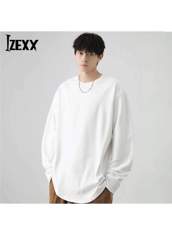 Izexx Casual Men's Heavyweight Crewneck Pullover Spring Loose Long Sleeve T-shirt Hw61 White 3XL - Image 1
