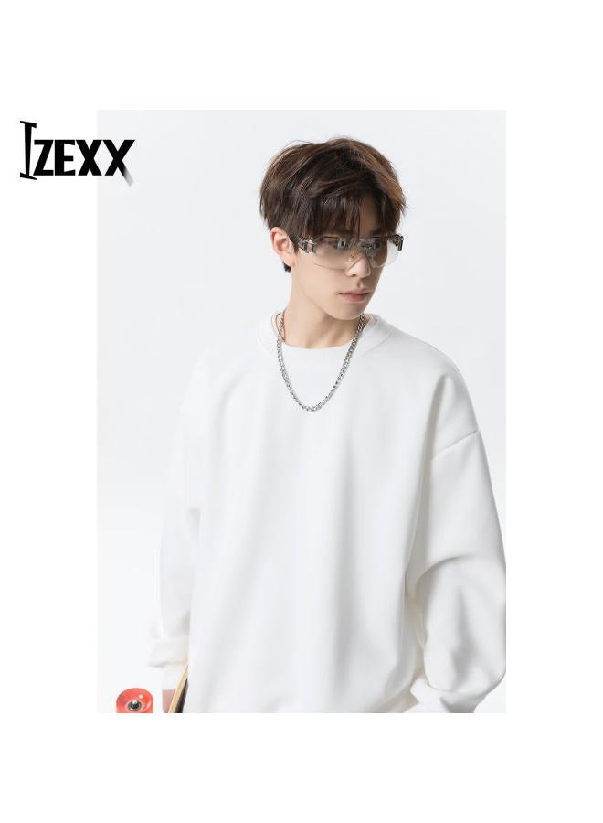Izexx Casual Men's Heavyweight Crewneck Pullover Spring Loose Long Sleeve T-shirt Hw61 White 3XL - Image 2