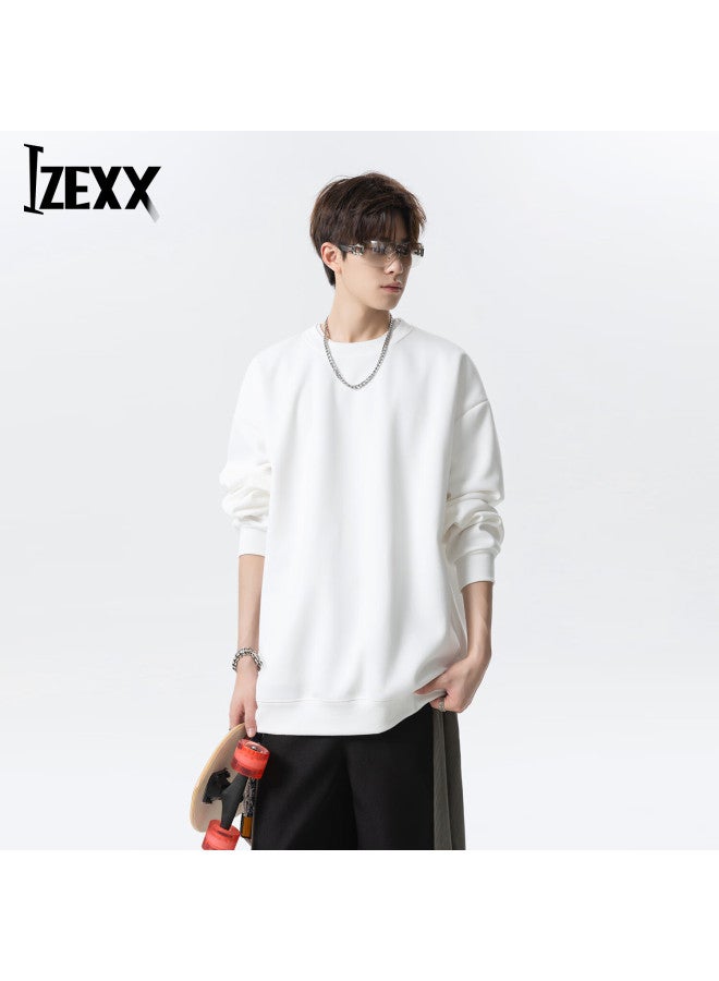 Izexx Casual Men's Heavyweight Crewneck Pullover Spring Loose Long Sleeve T-shirt Hw61 White 3XL - Image 3