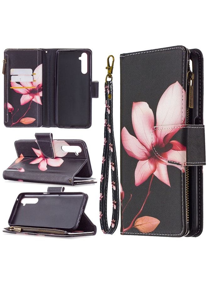 HuHa Case Cover For Realme 6 Pro Colored Drawing Pattern Zipper Horizontal Flip Leather Case with Holder & Card Slots & Wallet Lotus 