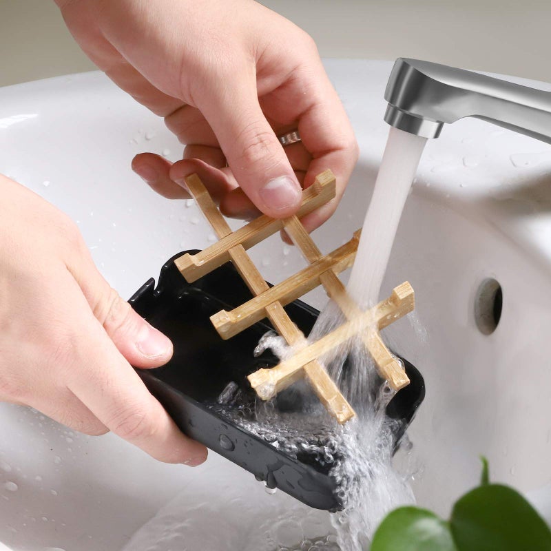 Fufengz Bamboo Wooden Soap Dishes for Shower with Drainage for Bathroom Bar Soap Holder Soap Holder Sink Deck Bathtub Shower Tray (One Pieces Black) - Image 5
