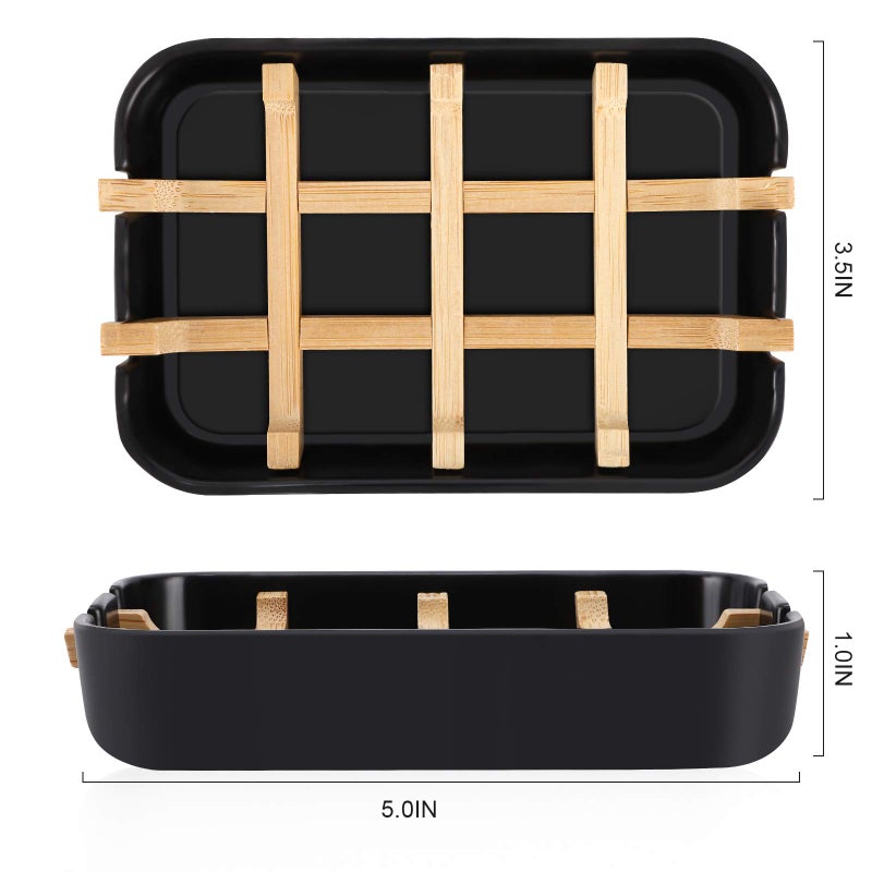 Fufengz Bamboo Wooden Soap Dishes for Shower with Drainage for Bathroom Bar Soap Holder Soap Holder Sink Deck Bathtub Shower Tray (One Pieces Black) - Image 2
