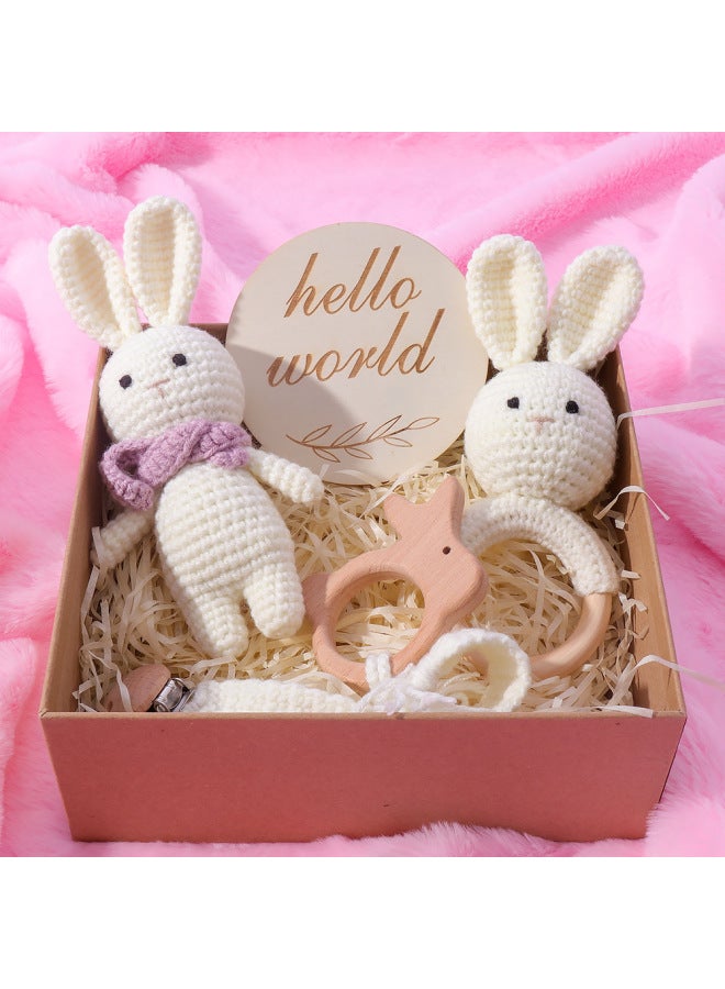 Baby Hand-Woven Rabbit Doll Pacifier Chain Comfortable Gripping Cartoon Rattle Newborn Toy Gift Box-Color:Milk White Rabbit With Scarf Doll  - Image 2