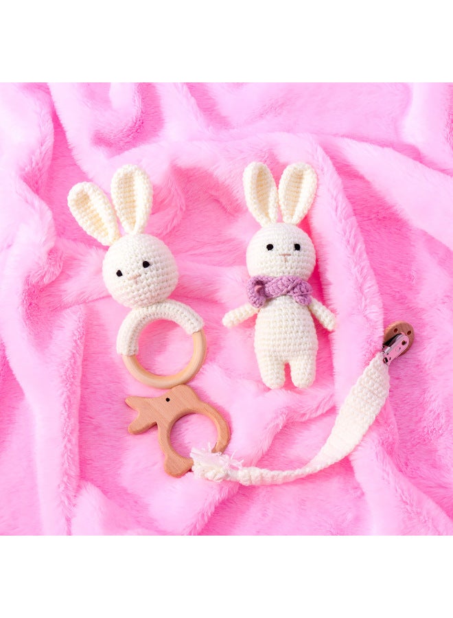 Baby Hand-Woven Rabbit Doll Pacifier Chain Comfortable Gripping Cartoon Rattle Newborn Toy Gift Box-Color:Milk White Rabbit With Scarf Doll  - Image 3