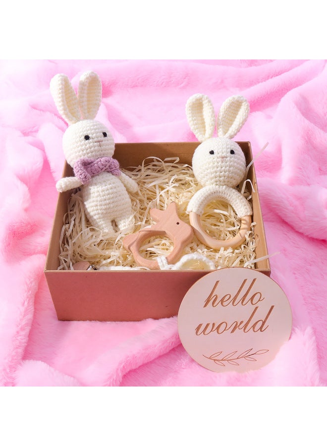 Baby Hand-Woven Rabbit Doll Pacifier Chain Comfortable Gripping Cartoon Rattle Newborn Toy Gift Box-Color:Milk White Rabbit With Scarf Doll  - Image 5