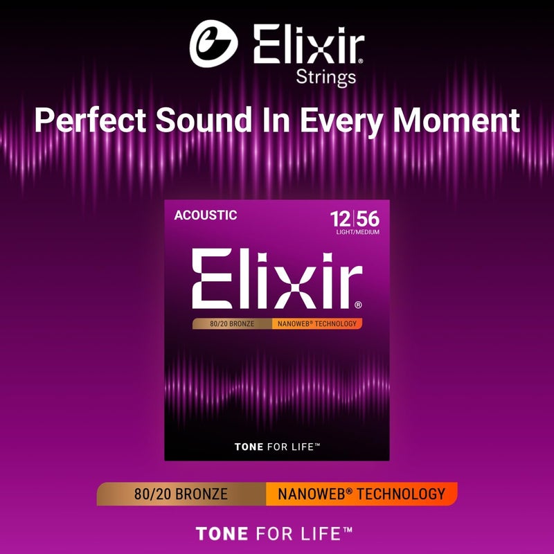 Elixir Strings 80/20 Bronze Acoustic Guitar Strings with NANOWEB Coating, Light/Medium (.012-.056) - Image 3