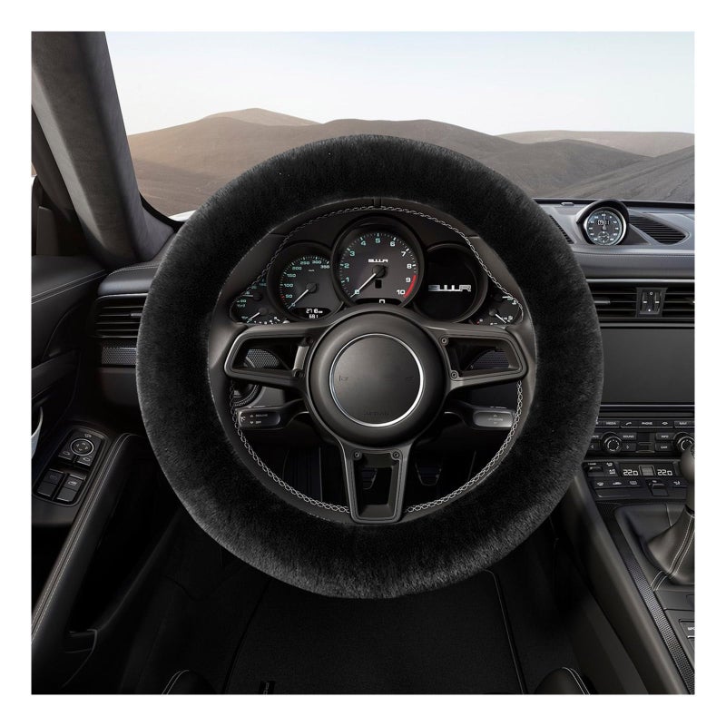 Suvnie Fur Wool Sheepskin Car Steering Wheel Cover 15 Inch Fluffy AntiSlip Auto Steering Wheel Protector for Warm Winter Universal Fuzzy Plush Vehicle Steering Wheel Accessories Black - Image 3