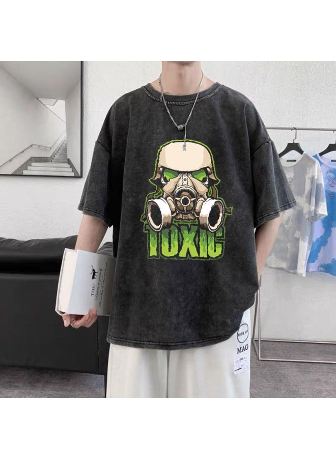 Heavyweight Cotton American Vintage Distressed Print T-shirt, Fits Up To 300 Pounds, Loose Fit Vintage Washed Distressed T-shirt