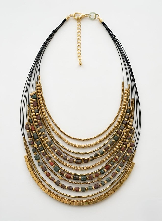 دي سي أيه قلادة أنيقة متعددة الطبقات مصنوعة يدوياً من DCA، باللونين الأحمر والذهبي، بنمط بوهيمي قبلي، مزودة بمشبك قابل للتعديل يناسب الساري والفساتين والقمصان والملابس الغربية للنساء والفتيات (زيتوني-بني). - Image 2