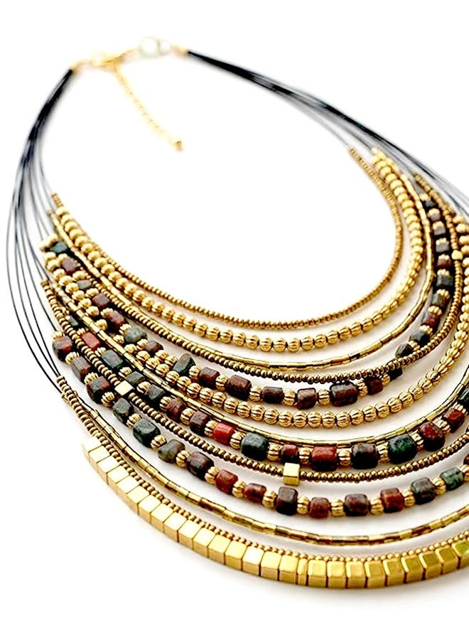 دي سي أيه قلادة أنيقة متعددة الطبقات مصنوعة يدوياً من DCA، باللونين الأحمر والذهبي، بنمط بوهيمي قبلي، مزودة بمشبك قابل للتعديل يناسب الساري والفساتين والقمصان والملابس الغربية للنساء والفتيات (زيتوني-بني). - Image 1