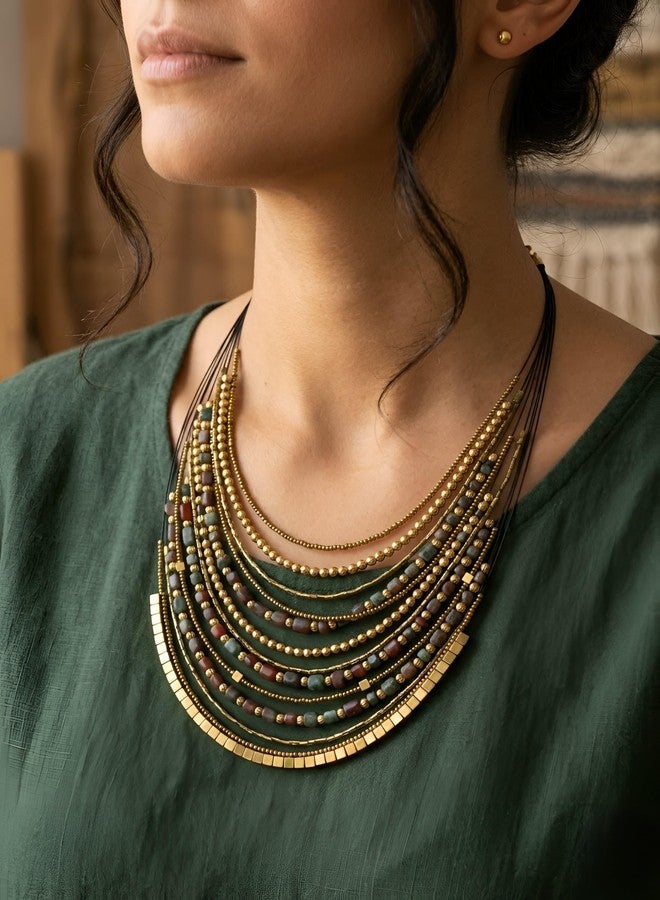 دي سي أيه قلادة أنيقة متعددة الطبقات مصنوعة يدوياً من DCA، باللونين الأحمر والذهبي، بنمط بوهيمي قبلي، مزودة بمشبك قابل للتعديل يناسب الساري والفساتين والقمصان والملابس الغربية للنساء والفتيات (زيتوني-بني). - Image 4