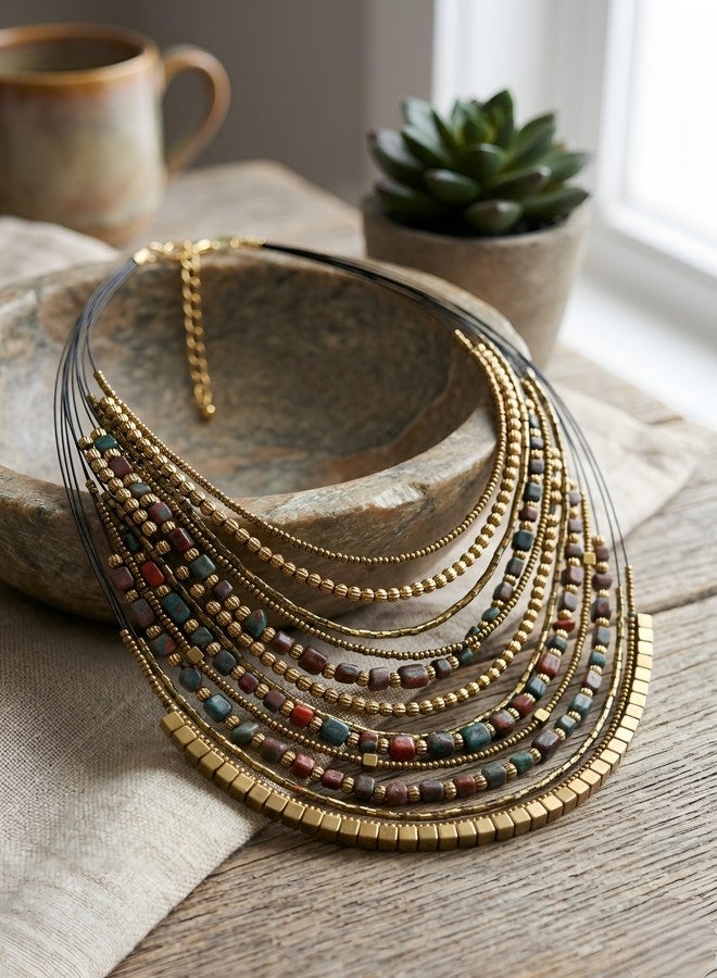 دي سي أيه قلادة أنيقة متعددة الطبقات مصنوعة يدوياً من DCA، باللونين الأحمر والذهبي، بنمط بوهيمي قبلي، مزودة بمشبك قابل للتعديل يناسب الساري والفساتين والقمصان والملابس الغربية للنساء والفتيات (زيتوني-بني). - Image 3