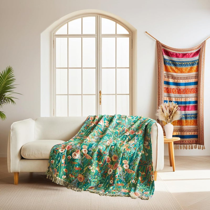 LUTBM Boho Throw Blanket for Bed Cotton Blankets Twin Size for Bedroom Living Room All Season Lightweight Floral Embroidery Quilt for Couch Sofa Chair 60"x80" - Image 4