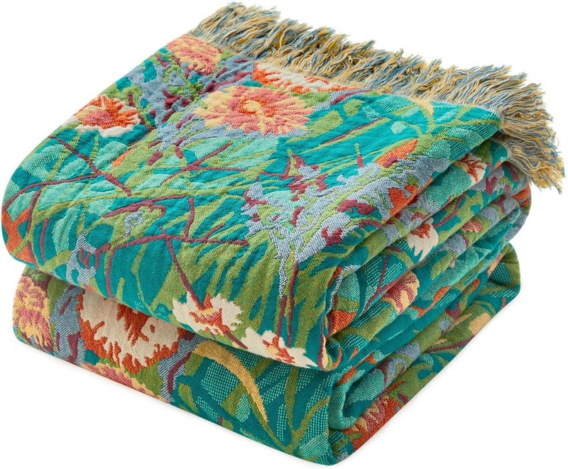 LUTBM Boho Throw Blanket for Bed Cotton Blankets Twin Size for Bedroom Living Room All Season Lightweight Floral Embroidery Quilt for Couch Sofa Chair 60"x80" - Image 1